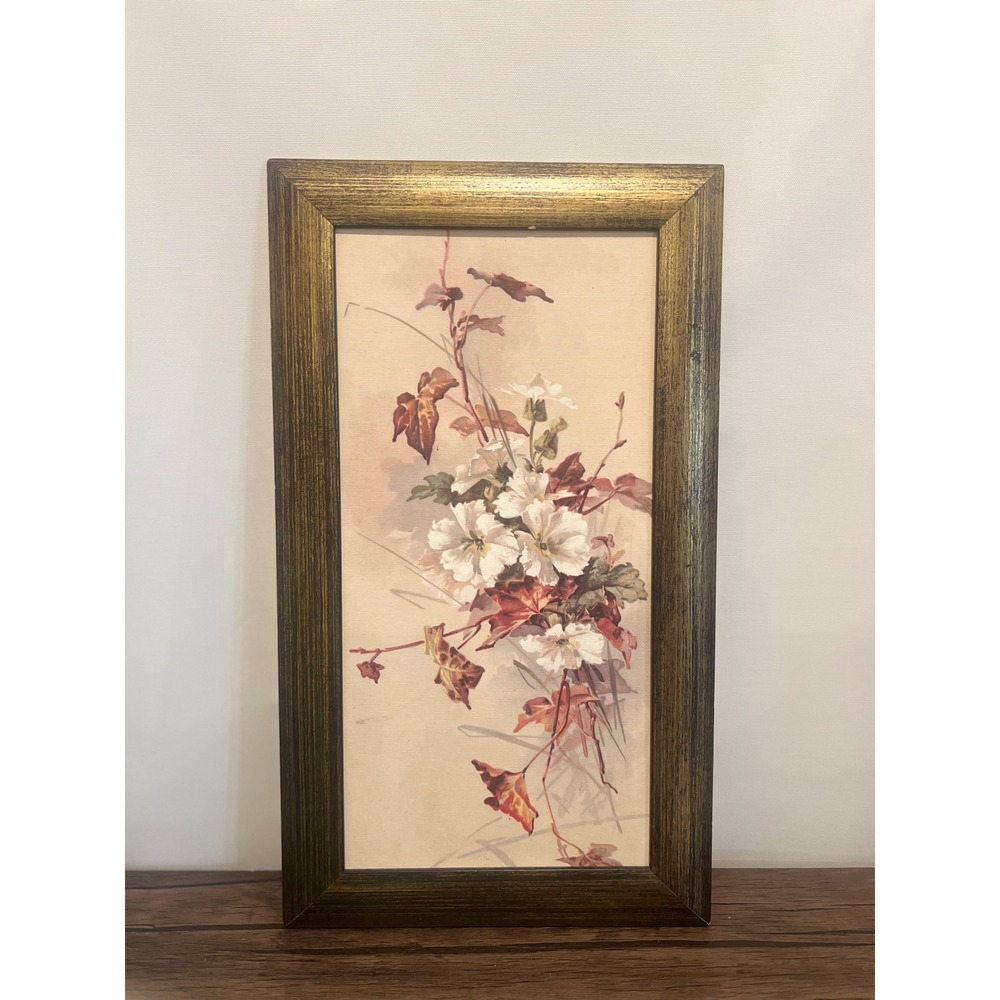 Vintage Floral Botanical Art Print In Gold Wood Frame Made in Poland 10.5"x18.5